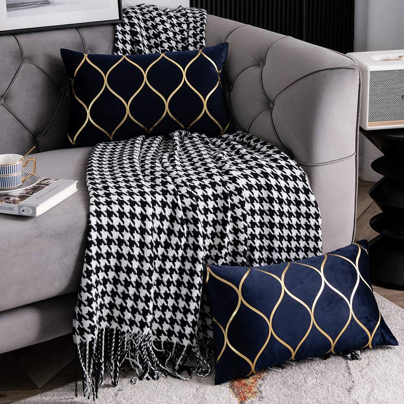 DEZENE Gold Velvet Throw Pillow Covers Navy: 2 Pack 12x20 Inch Rectangular Decorative Pillow Cases for Bedroom Sofa Couch Living Room - Image 2